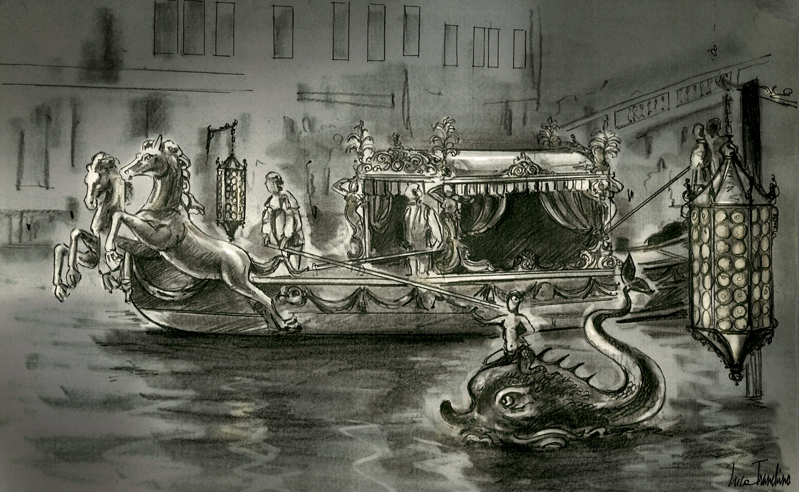 CASANOVA - Directed by Lasse Hallstrom - Ext. Venetian Barge, Sketch by Luca Tranchino - ©2005 - Disney