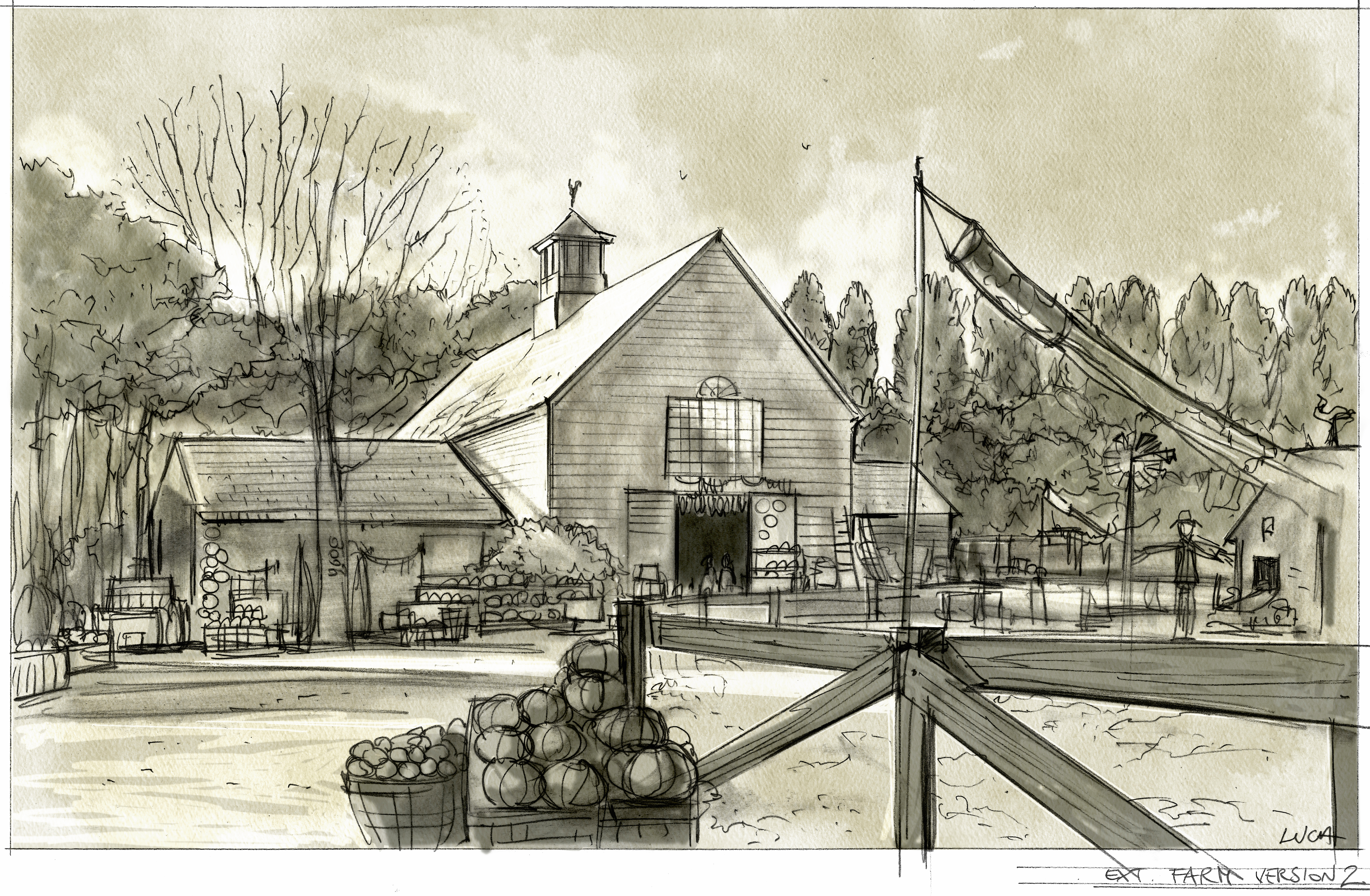 UNFINISHED BUSINESS - Directed by Ken Scott - Production Design by Luca Tranchino - Ext. Farm, Sketch by Luca Tranchino - ©2015 - New Regency Pictures