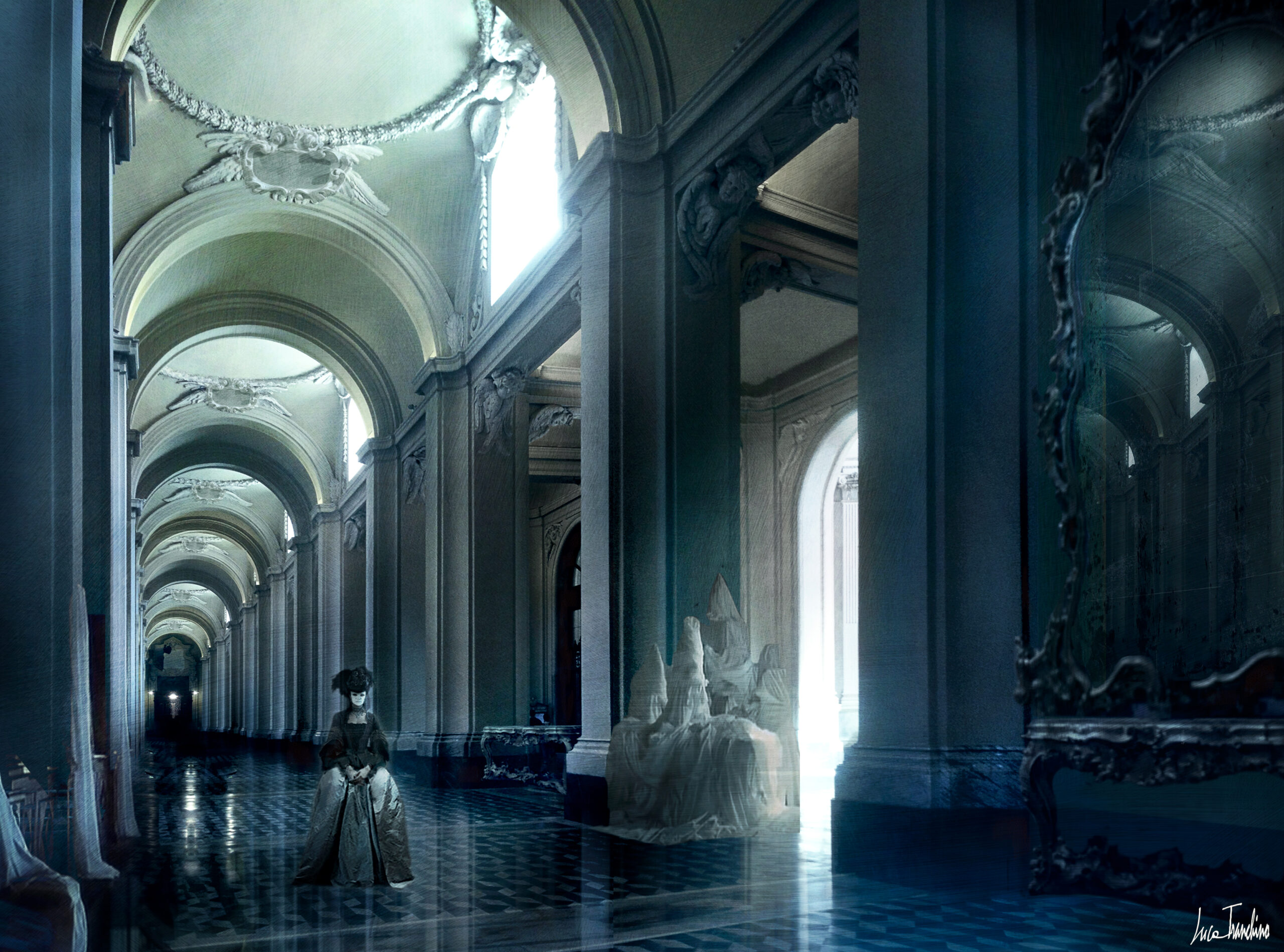 Int. Hallway, 1700”, Concept Art by Luca Tranchino - ©2012 - Mixed Media